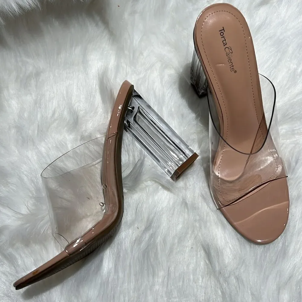 Torta Caliente (Size 8.5M) Clear/Nude‎ Open Toe Slip-on Block Heel. B76